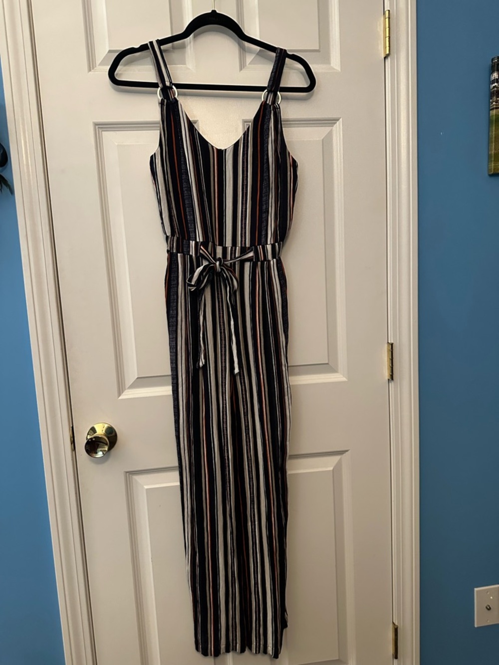 EUC Derek Heart Striped Jumpsuit in Black, Cream & Tan Sz S - Picture 2 of 9
